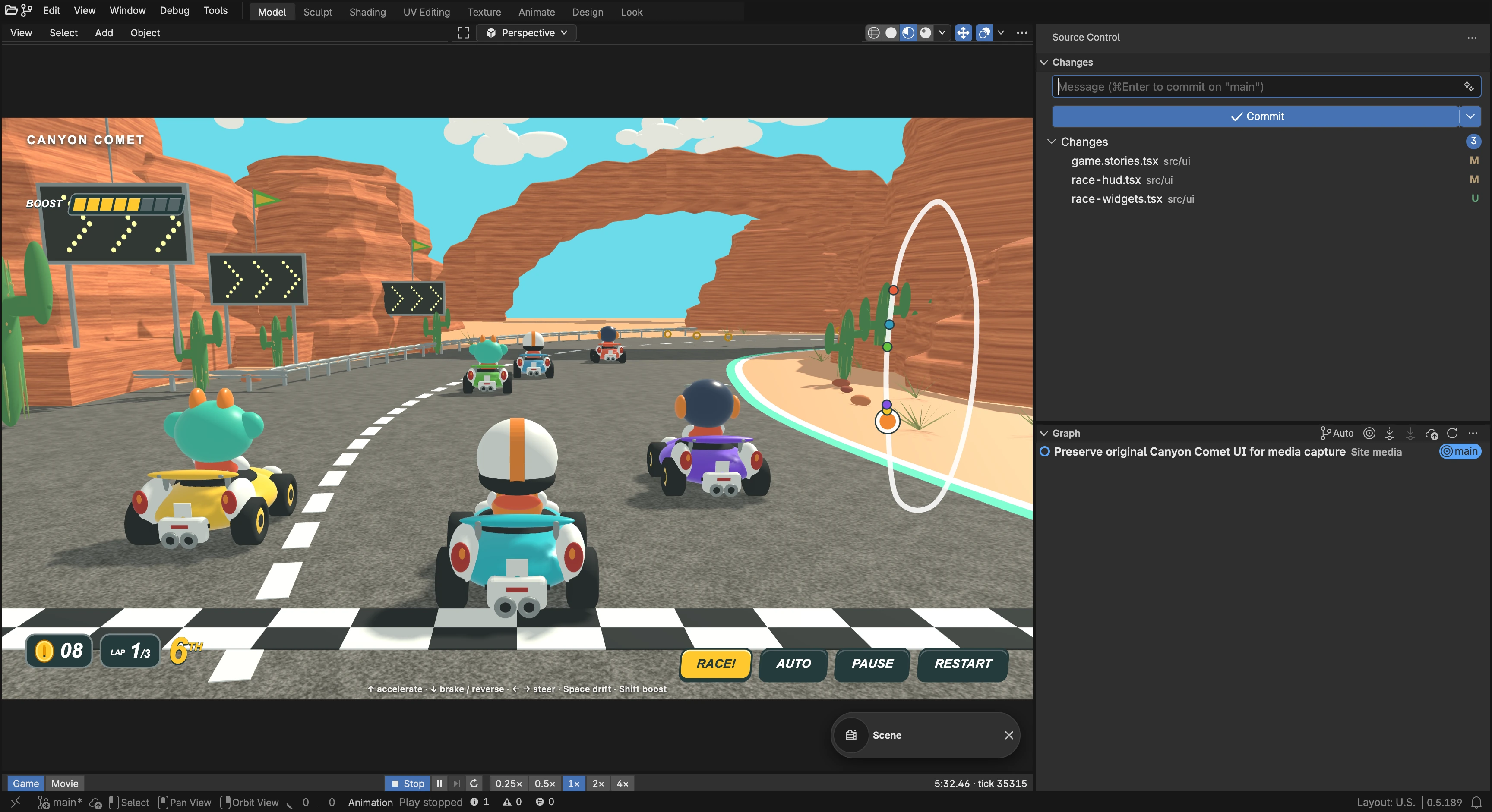 Canyon Comet’s game scene beside native Git Source Control in the same Cyclotron workspace