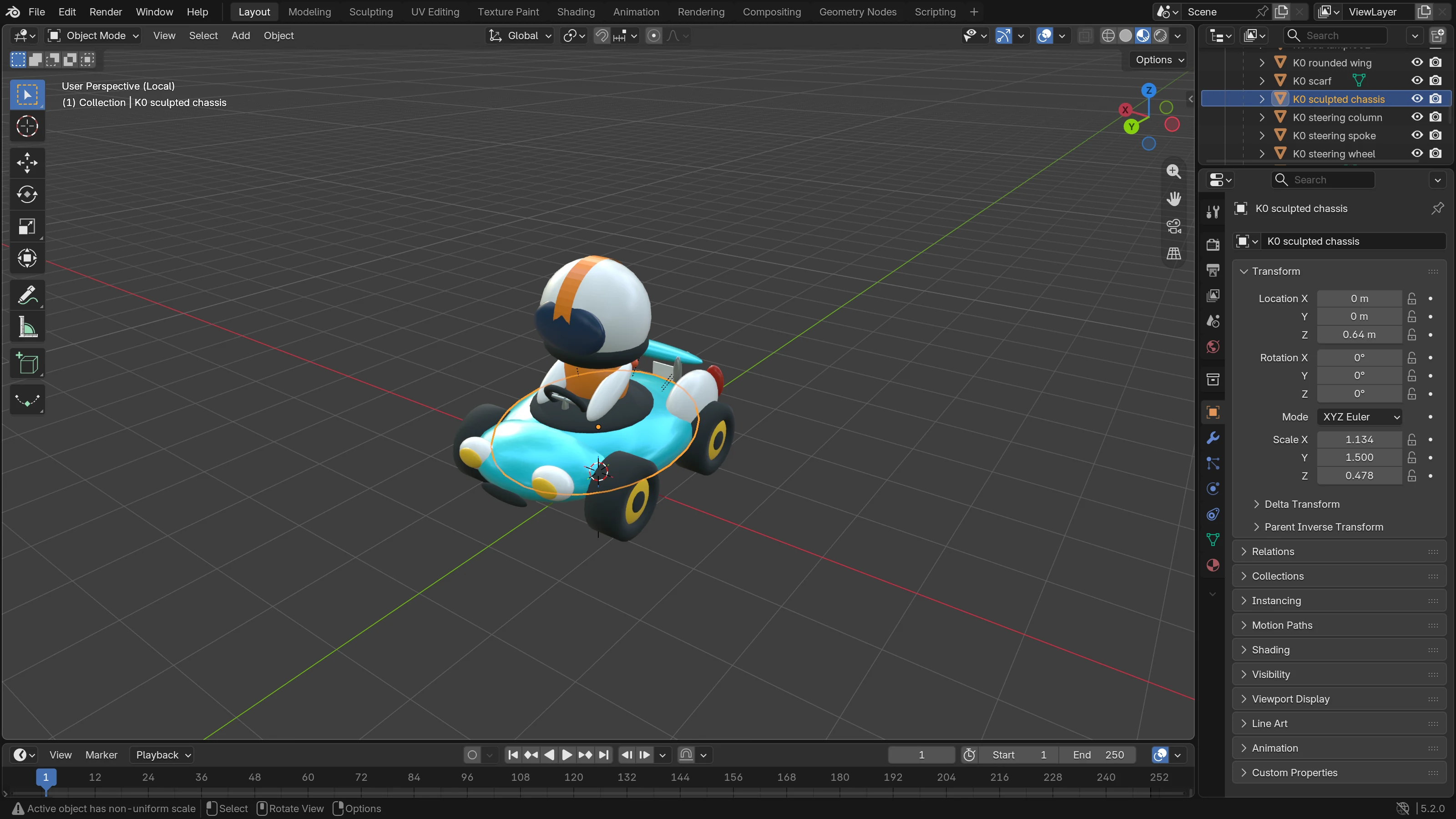 Canyon Comet’s kart isolated in Blender, with the chassis selected, outliner, transform controls and timeline visible
