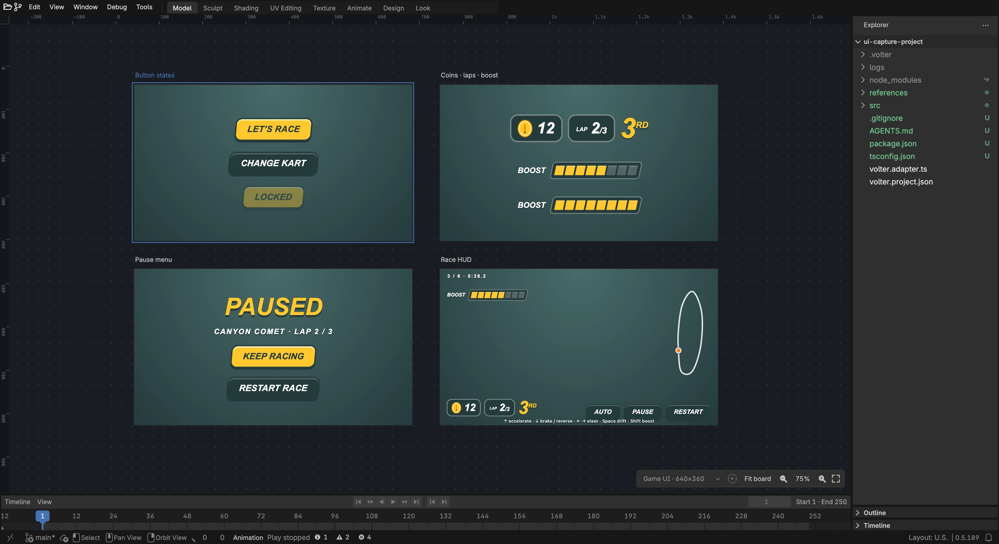 Canyon Comet’s real React game UI in Cyclotron’s canvas: racing HUD, pause menu, lap and coin counters, boost meters and button states