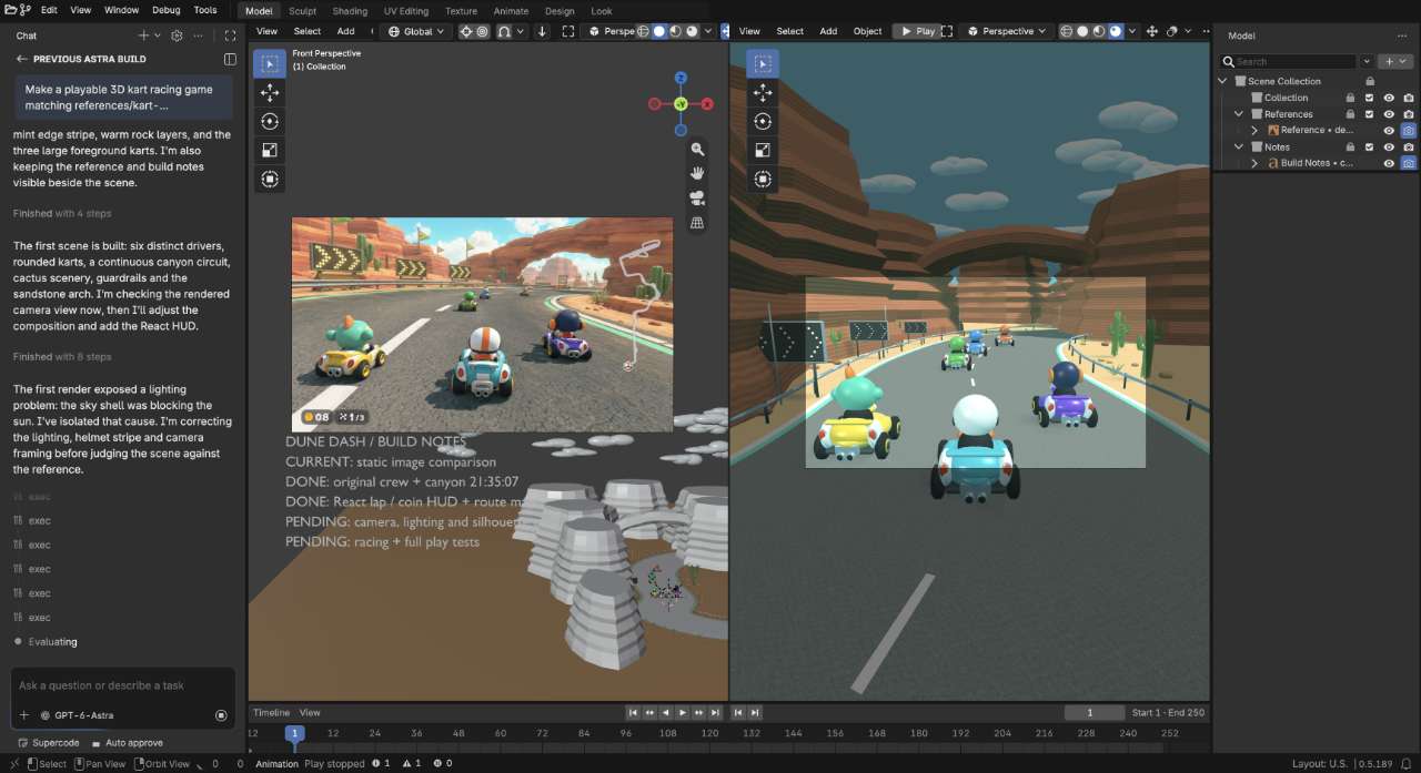 The agent’s development conversation beside the reference image and Dune Dash model
